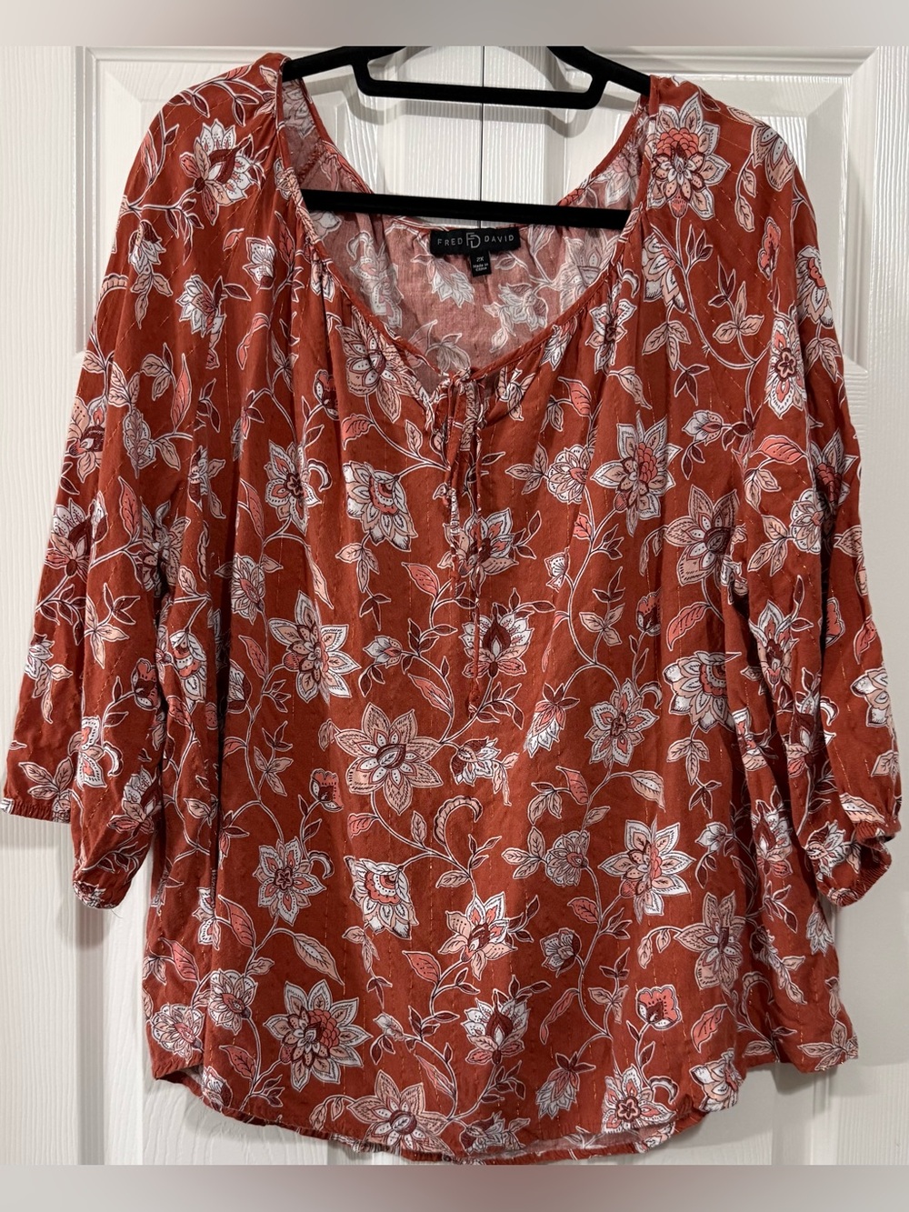 Fred David 2X Boho Floral Peasant Blouse Rust Terracotta Pink Lightweight Top